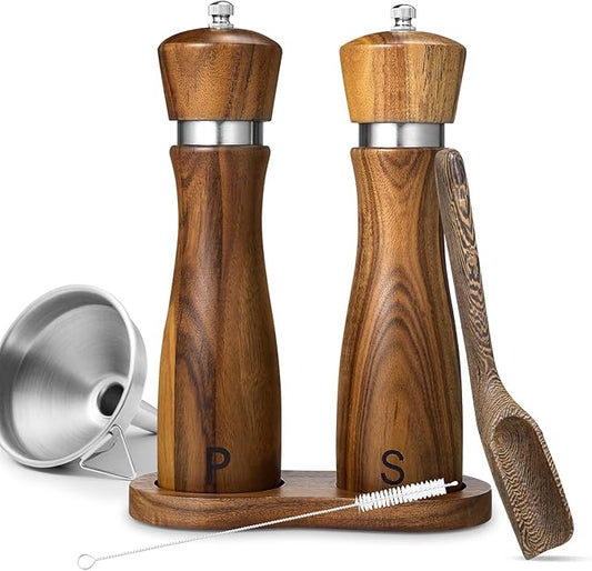 2 Pack Acacia Wood Salt and Pepper Grinder Set ??8??Manual Mills with Adjustable Ceramic Core, Stainless Steel, Tray, Spoon, Brush & Funnel ??Rustic Wooden Gift Set for Kitchen or Table