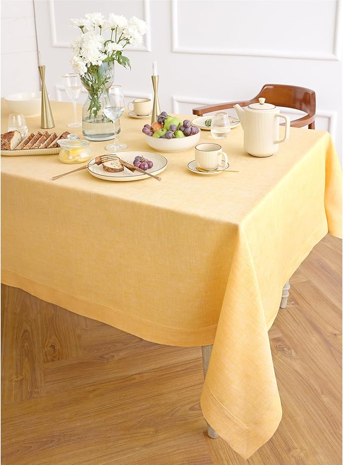 Solino Home Linen Tablecloth 60 x 90 Inch - 100% Pure Linen Chambray Mustard Yellow Table Cloth for Rectangular Tables - Athena, Machine Washable Cloth Tablecloth