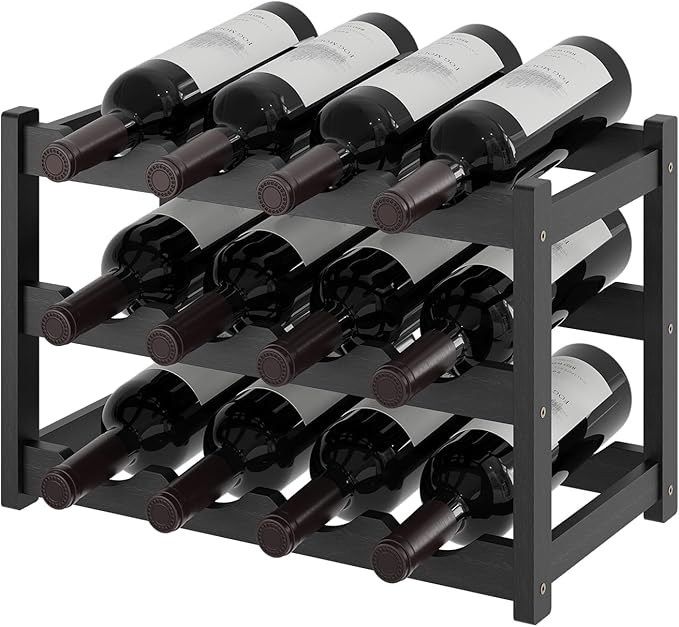 Wine Rack竊똁amboo Wine Storage Cabinet Shelf竊똂ountertop Wine Shelf- Freestanding Wine Holder for Kitchen & Pantry (Black, 3-Tier)