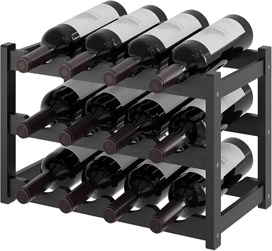 Wine Rack竊똁amboo Wine Storage Cabinet Shelf竊똂ountertop Wine Shelf- Freestanding Wine Holder for Kitchen & Pantry (Black, 3-Tier)
