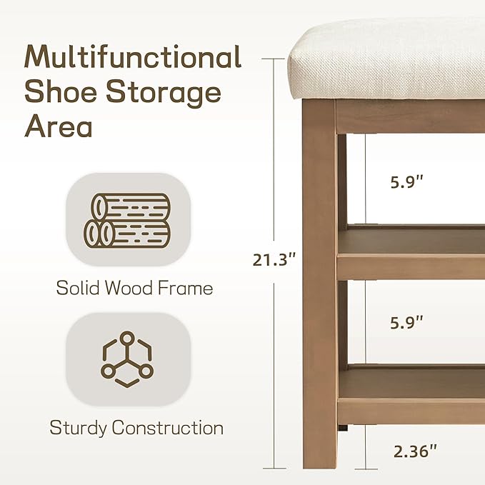 Zihanhome 2 Tier Shoe Rack Bench with Cushion, Solid Wood Shoe Benches, Mid-Century Modern Shoe Storage Bench for Entryway, Hallway, Living Room, Closet, Front Door Entrance, (Beige, 46.5")