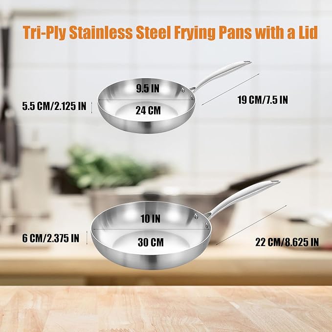 Inqibee 9.5-10 Inch Tri-Ply Stainless Steel Frying Pan Set of 2,Skillets,Induction Cooking Pan,Pots and Pans Set,Dishwasher and Oven Safe.