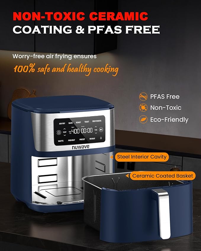 Nuwave Brio Plus 6-in-1 Air Fryer, 7-Qt Large Capacity, 50°F??00°F Precise Temp Control, Non-Toxic PFAS-Free Nonstick, Air Fry, Bake, Roast, Toast, Dehydrate, Reheat, 100 Presets, Dishwasher Safe
