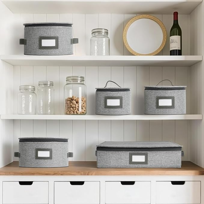 HOMELUX THEORY Wine Glass Storage Box with Dividers, Light Gray Hard Shell China Storage Containers, Kitchen Storage Bins With Lids, Heavy Duty Moving Box for Packing Glasses, Stemware & Glassware