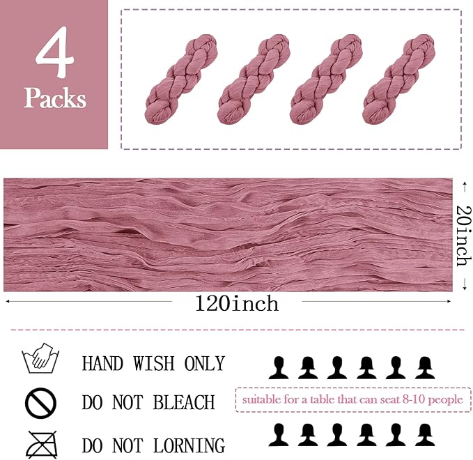 4 Pack Dusty Rose Cheesecloth Table Runner 20 x 120 inch Gauze Table Runners 10 FT Long,Semi Sheer Cheese Cloth Fabric Table Runner Bulk for Wedding,Party,Baby Shower,Bridal Shower Decoration