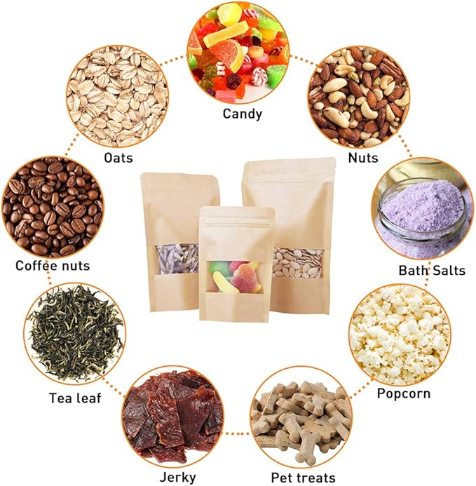 LZLPACKING Kraft Stand Up bags 100 Pcs,Brown Resealable Bags with Window for Home or Business,Coffee,Food Storage Bags,Sealable Bags for Packaging(3.9횞5.9)