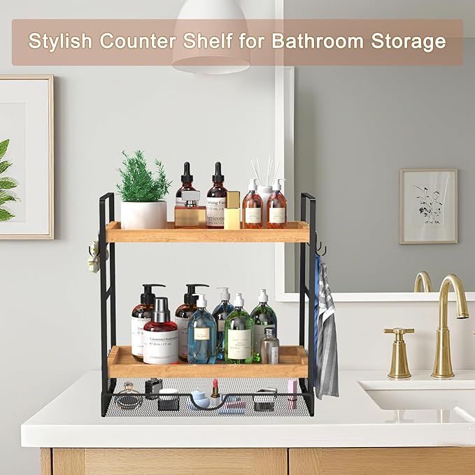 LEMIKKLE 2-Tier Wood Coffee Station Organizer with Pod Holder and Drawer, Kitchen Countertop Organizer, Coffee Bar Accessories Station with Coffee Pod Storage, Coffee Organizer
