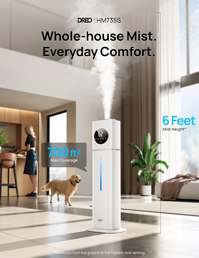 Dreo HM735S 11L Smart Humidifier Large Room 700 ft짼, 100H Cool Mist Air Humidifiers for Bedroom, Top-Fill Self-Cleaning Tank, 26dB, Auto Mode, Aroma Box, RGB Light, Remote & APP Control, Baby, White