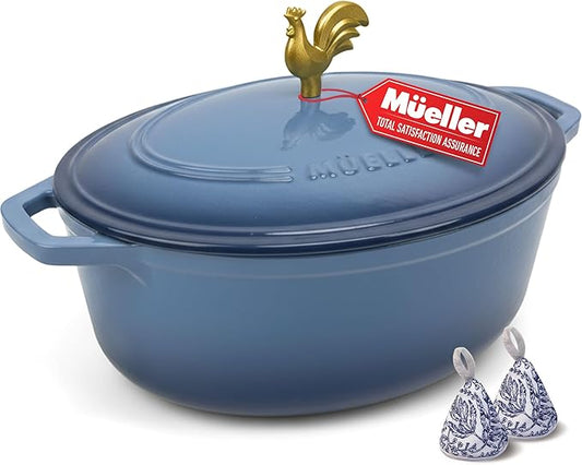 MUELLER HOME 5.5 Quart Enameled Cast Iron Oval Dutch Oven w Rooster Knob & Cotton Potholders, Heavy-Duty Cookware, Oven-Safe up to 500째 F & Across All Cooktops, Gifts for Grandma & Women, Mineral Blue