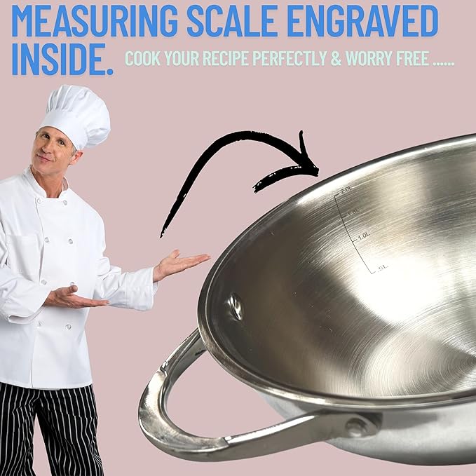 Stainless Steel Wok with Lid, All Clad Tri-ply Kadhai, 1.3 Qt / 1200 ML, 8 Inch Pan for Stir-Frying, Stews, Sauces, Deep Saute, Triply wok cookware, Trasparent Cover, Induction Compatible