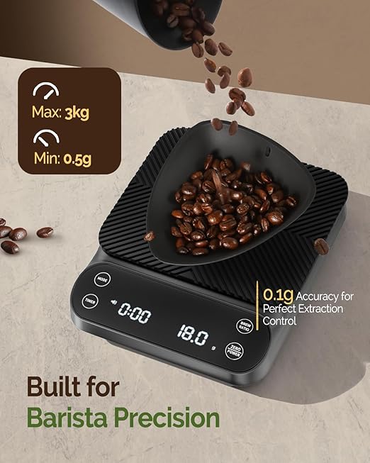 Maestri House S3 Coffee Scale with Timer, 3kg/0.1g Rechargeable Digital Scale, 3 Brew Modes, Adjustable Ratios & Flow Rate Display, Barista-Grade for Pour-Over, Espresso, French Press ??Grey