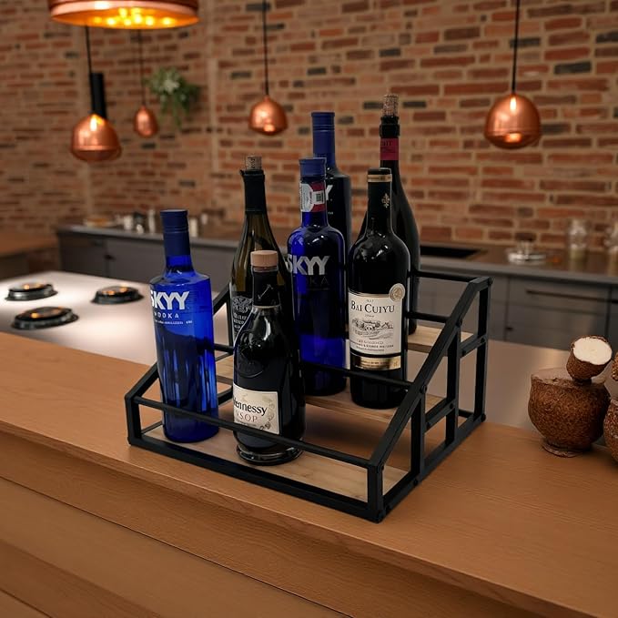 AT-VALY 3-Tier Liquor Bottle Display Shelf, Iron&Bamboo Countertop Wine Rack, Liquor Cabinet for Home Decor, Mini Bar (Black)