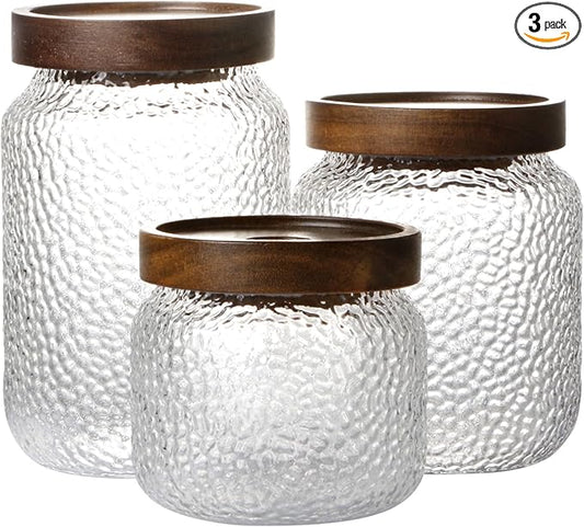 NUTRIUPS Glass Jars with Lids, Set of 3 Storage Jars with Airtight Lids Acacia Wood Top Glass Canisters - 10oz, 17oz, 24oz