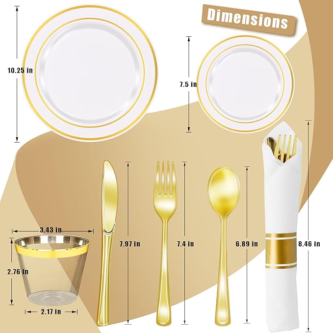 Zcaukya 350 PCS Gold Plastic Dinnerware for 50 Guests, Elegant Disposable Utensils Set with 100 Plates, 50 Pre-Wrapped Napkins, 50 Cups, 50 Spoons, 50 Forks and 50 Knives for Birthday Parties Weddings