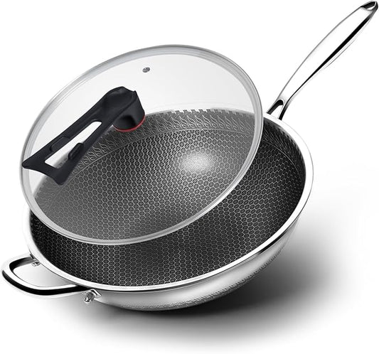 WANGYUANJI Coating-Free Hybrid Stainless Steel Wok with Lid, 12.6" Flat-Bottom Stir-Fry Pan, Honeycomb Surface, Induction Compatible, Dishwasher & Oven Safe