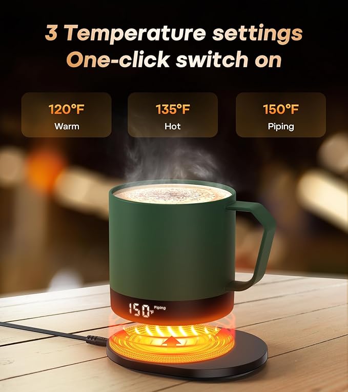 Heated Coffee Mug Rechargeable - Temperature Control Self Heating Coffee Mug 14oz with Lid, Double Sided & Real-Time LED Display, Hot up to 150?? Birthday Gifts for Women and Men(Green)