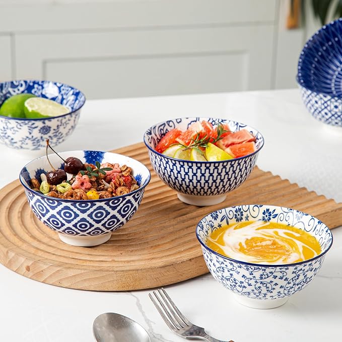 Cerkik Ceramic Dessert Bowls Set - Small 12 Oz Cereal Bowls - 4.75 Inch Ice Cream Bowls for Fruit, Snack, Side Dishes, Dipping Sauce - Microwave Dishwasher Safe - Set of 6 - Vintage Blue