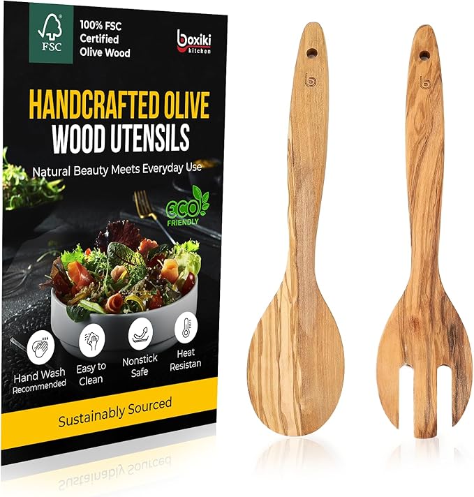 Olive Wood Utensil Set of 2 PCS ??Handcrafted Wooden Spoon & Spatula ??Natural Eco-Friendly Cooking Utensils, Nonstick Safe, Durable Kitchen Tools