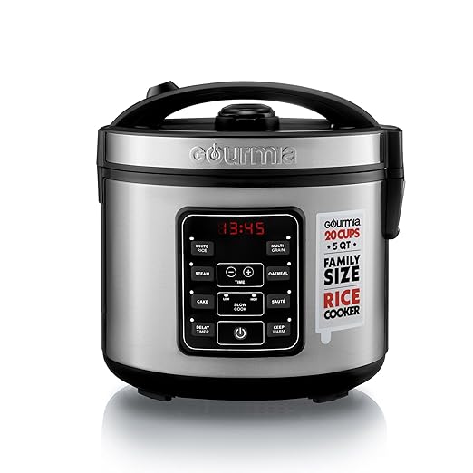 Gourmia Rice Cooker ??5 Qt Capacity, 20 Cup Cooked, 10 Cup Uncooked, Digital Controls, 6 Cooking Presets, Grain Cooker & Steamer, Nonstick Pot, Steam Tray, Delay Timer, Keep Warm, Stainless Steel