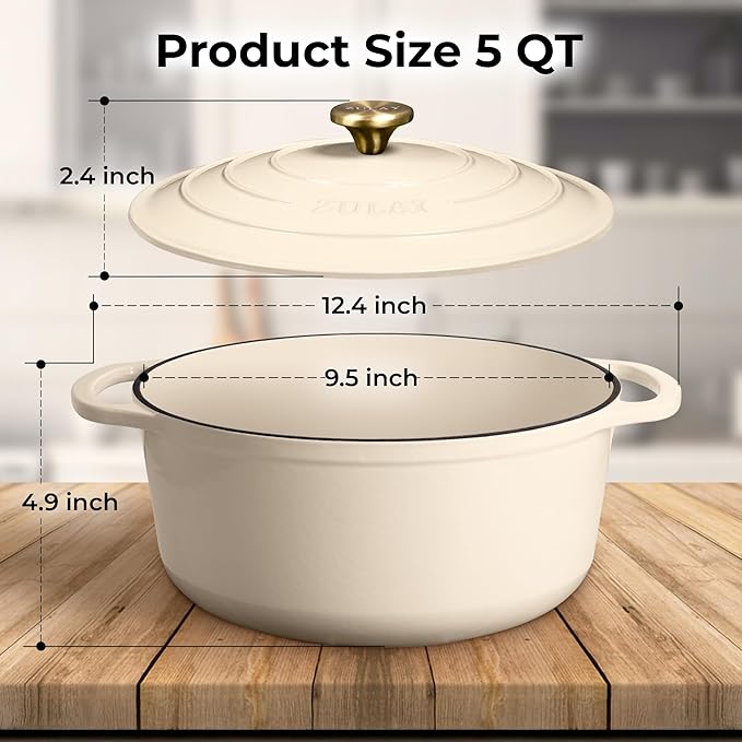 Zulay Kitchen 5 Quart Enameled Cast Iron Dutch Oven Pot with Lid ??Premium Durability & Oven Safe up to 500째F ??Heavy Duty Cookware Perfect for Bread Baking, Stews, Braising & Roasting ??Ivory