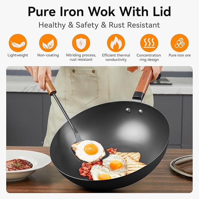 WANGYUANJI 12.6" Pure-Iron Wok with Glass Lid, Flat-Bottom Lightweight Chinese Stir-Fry Pan, Wooden Handle, Uncoated ??Induction/Gas/Electric Compatible, Not Pre-Seasoned (Seasoning Required)