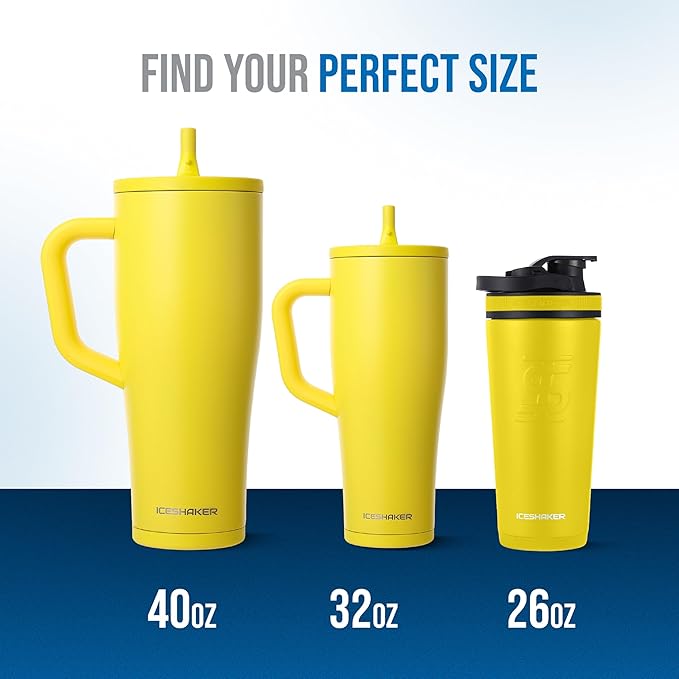 Ice Shaker 40 oz Tumbler with Handle and Straw | 40oz Yellow | Cold for 30+ Hours | 2-in-1 Tumbler Shaker Bottle | Odor-Free 40 ounce Bottle for Water, Protein Shakes, Smoothies, Cocktails