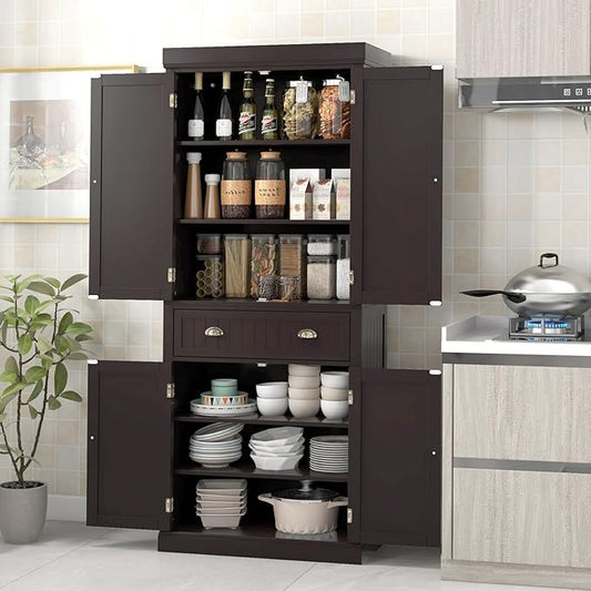 DORTALA 72??Tall Kitchen Pantry Cabinet, Wood Storage Cupboard w/ 4 Adjustable Shelves, 2 Cabinets & Drawer, Utility Freestanding Storage Cabinet for Kitchen, Hallway, Living Room, Brown