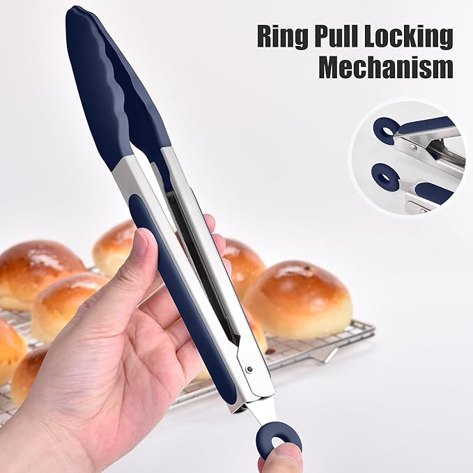 Doosu Kitchen Tongs for Cooking - 600째F Heat Resistant Food Tong Set with Non-Scratch Silicone Tips, Heavy Duty Stainless Steel Locking Tong for BBQ, Grilling Steak, Serving Salad (9+12in, Navy Blue)