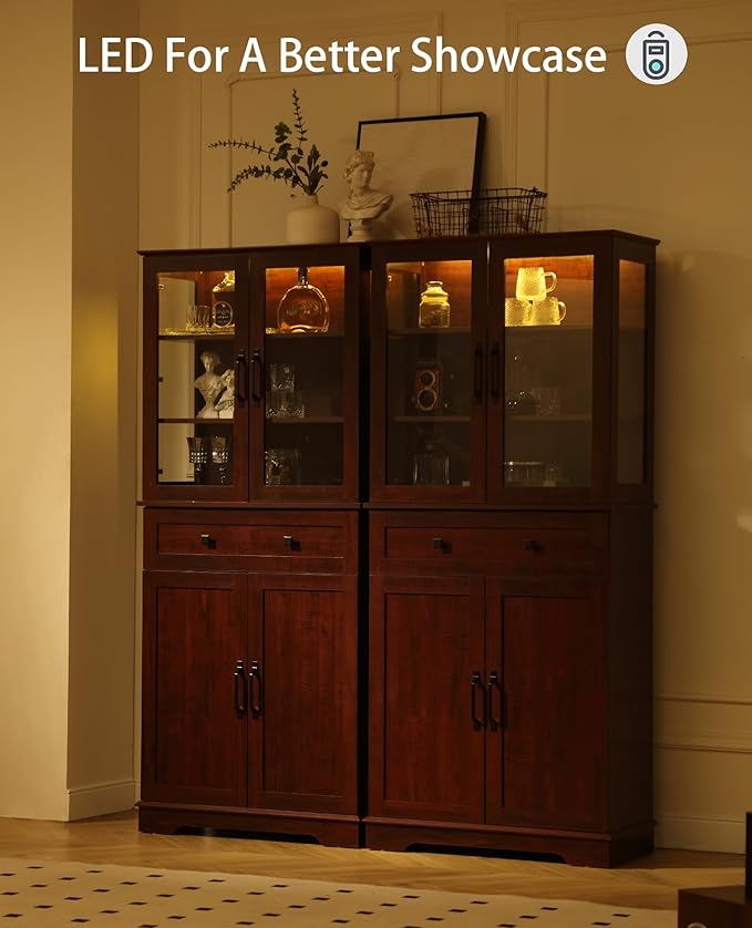 71'' Tall Pantry Cabinet with Glass Doors,Modern Kitchen Pantry Cabinet with 3 Adjustable Shelves and a Drawer, LED for Better Showcase,for Dining Room and Kitchen,Wine Red