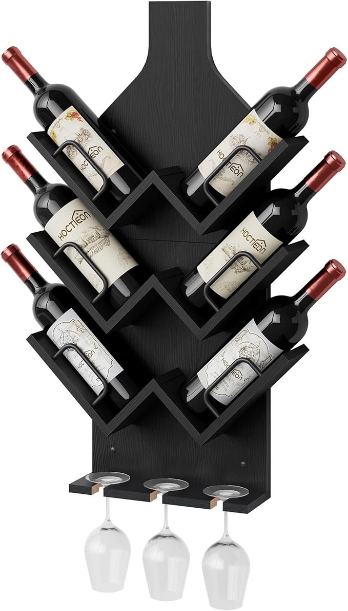 Hoctieon Wine Rack Wall Mounted, 6 Bottles Wood Wine Rack for Display and Storage, Hanging Bottle Holder Bar Shelves for Living Room, Kitchen, Dining Room, Wine Cellar, Black