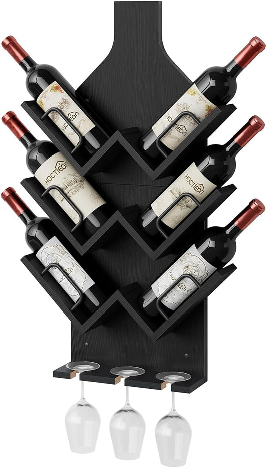 Hoctieon Wine Rack Wall Mounted, 6 Bottles Wood Wine Rack for Display and Storage, Hanging Bottle Holder Bar Shelves for Living Room, Kitchen, Dining Room, Wine Cellar, Black