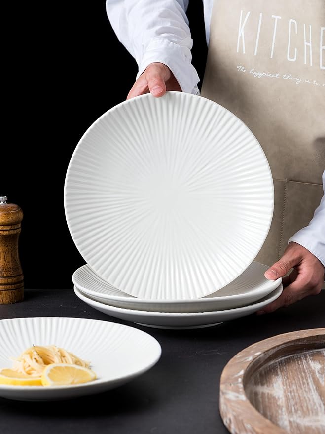 CLAY TONIC Set of 4-10.3 Inch Japanese Style Porcelain Round Dinner Plates, Versatile Circular Serving Plates for Pasta, Salad, Steak Dinner (White, 10.3 Inches)