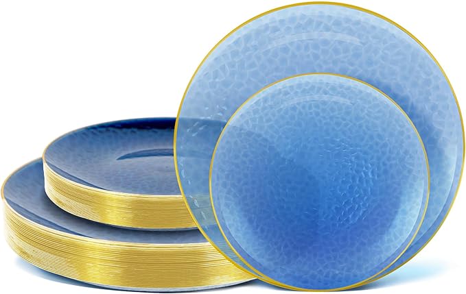 Lullaby 60Pcs Blue Gold Plastic Plates, Blue Disposable Plates With Gold Rim, Plastic Plates Include 30 Dessert Plate 10'', 30 Dinner Plate 7.5'' for Party, Birthdays and Wedding ﻿