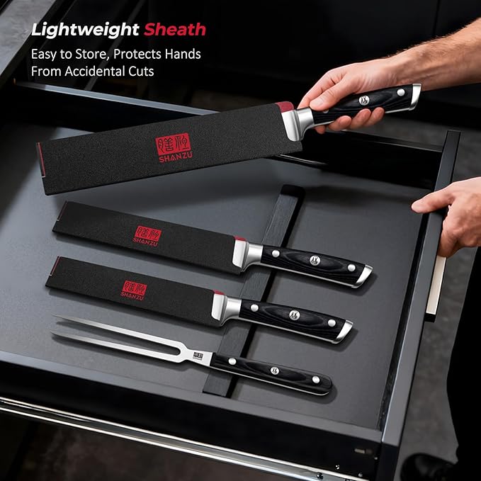 SHAN ZU 3Pcs Carving Knife Set with Sheath ??for Turkey, Meat, BBQ, Brisket, Razor Sharp Slicing Knife, Professional 5Cr15MoV Stainless Steel, Ergonomic Full Tang Wood Handle, Gift Box Included