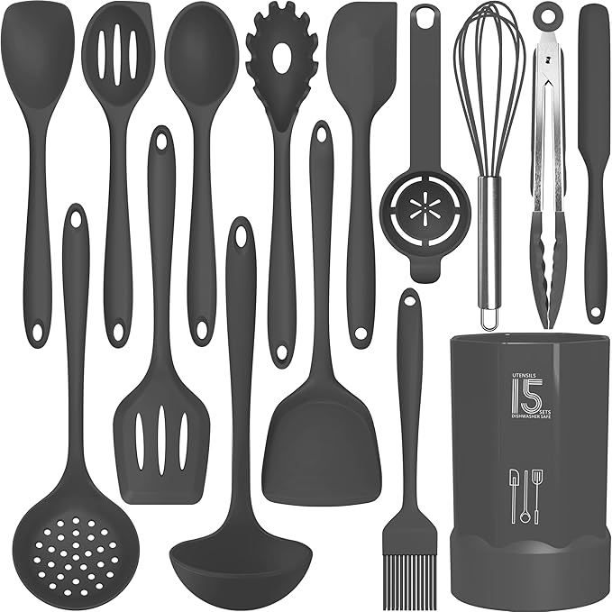 AOTHOD Silicone Cooking Utensils Set - 446째F Heat Resistant Kitchen Utensils,Spatula Sets,Turner Tongs,Spoon,Kitchen Utensil Gadgets Tools Set for Nonstick Cookware,Dishwasher Safe BPA Free (Gray)