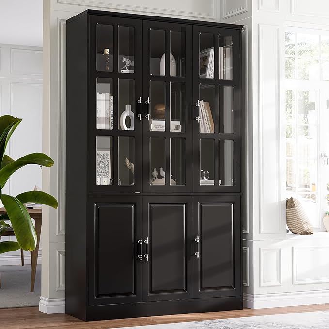 MEISSALIVVE Kitchen Pantry Storage Cabinet, 78.7" Tall with Glass Doors & Drawers, Freestanding Utility Cabinet, Black (47.2" W x 15.7" D)