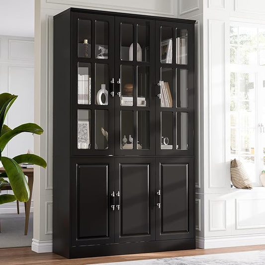 MEISSALIVVE Kitchen Pantry Storage Cabinet, 78.7" Tall with Glass Doors & Drawers, Freestanding Utility Cabinet, Black (47.2" W x 15.7" D)