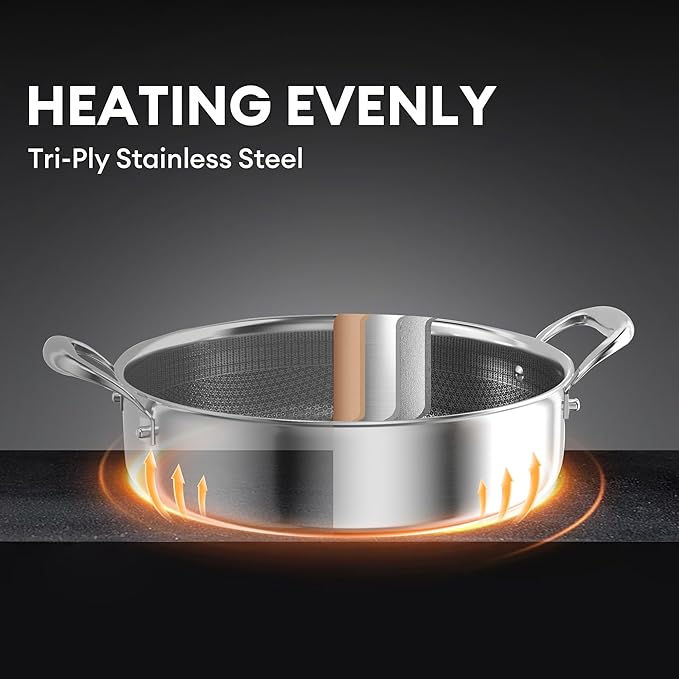 COOKER KING 5QT Stainless Steel Saute Pan with Lid, Hybrid Nonstick Deep Saute Pan, Chicken Fryer, Tri-Ply Clad Even Heat Distribution, Dishwasher-Friendly,Oven Safe to 500째F, Induction Compatible