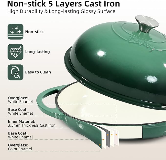 Davivy 6QT Oval Dutch Oven for Sourdough with Lid, Cast Iron Bread Oven Bread Pan with Silicone Baking Mat, Cast Iron Bread Pan Sourdough Bread Cloche Dutch Oven- Forest Green
