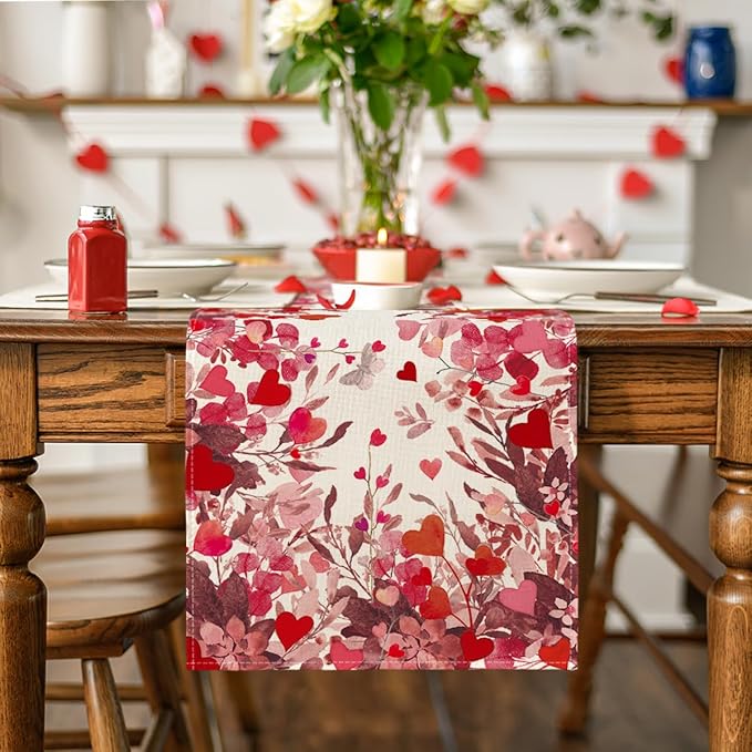 Artoid Mode Floral Red Love Heart Petals Table Runner, Wedding Kitchen Dining Table Decoration for Home Party Decor 13x60 Inch