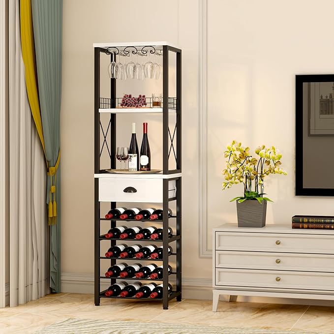 Homeiju Wine Rack Freestanding Floor, Bar Cabinet for Liquor and Glasses, 4-Tier bar Cabinet with Tabletop, Glass Holder, Storage Drawer and Wine Storage for Home Bar(Patent No.D1009580)