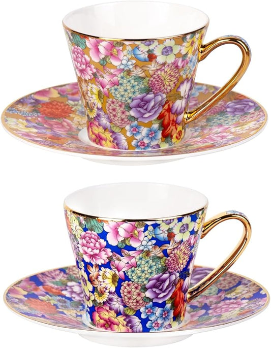 KAMMAK Tea Cups and Saucers Set of 2, Porcelain Coffee Cup with Saucer for Espresso, Cappuccino, 7.5oz Vintage Yellow Floral Ceramic Novelty Mug for Home, Tea Party, Office