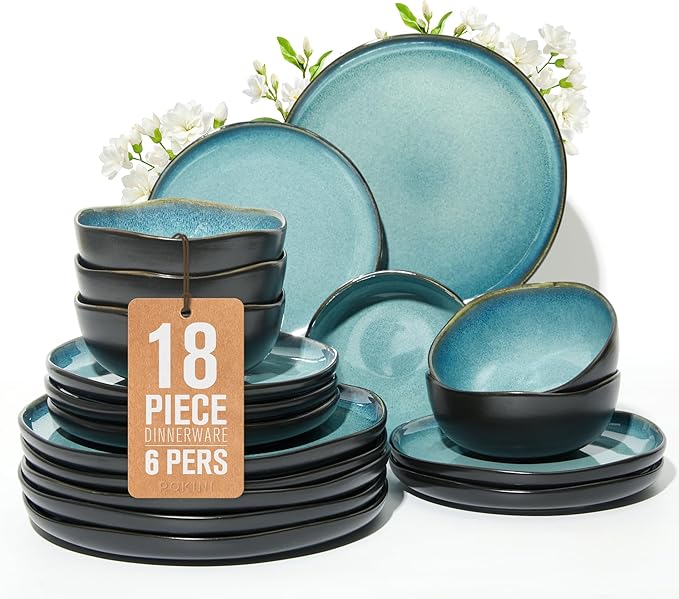 18 Piece Dinnerware Sets for 6, Green Black Reactive Glaze Stoneware | Irregular Artisan Style for Family Dinners, Weekend Gatherings | Scratch?멢esistant, Microwave & Dishwasher Safe