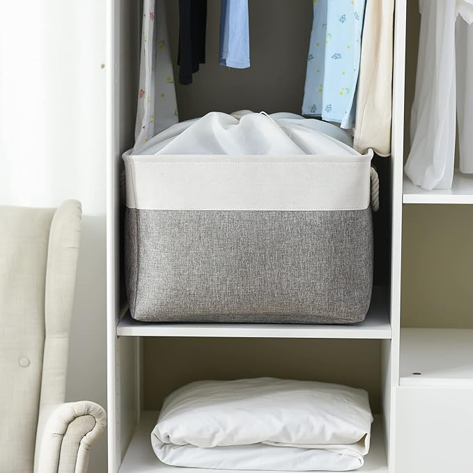TheWarmHome Storage Bins Baskets for Organizing, 20.5L횞15.7W횞13.8H 3 Pack Sturdy Fabric Storage Basket W/Handles, Decorative Foldable Storage Baskets for Shelves Closet Nursery Toy (White & Grey)