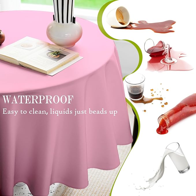 BYDOLL Table Cloth 70 Inch Round Tablecloth Fits Max60 Inch Diameter Table Top,Pink Polyester Washable Wrinkle-Free Spillproof Tablecloth for Party Patio Cover