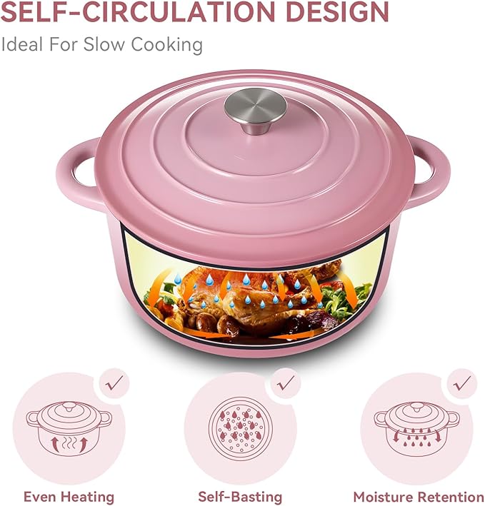 Miereirl 6 Quart Enameled Dutch Oven Pot with Lid, Cast Iron Dutch Oven with Dual Handles for Bread Baking, Cooking, Non-stick Enamel Coated Cookware, Pink