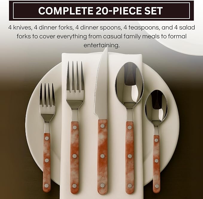 Khen 20-Piece Cutlery Set with Dinner Knives, Forks, Spoons, Salad Forks & Teaspoons ??Durable and Dishwasher Safe Utensil Set for Home, Kitchen, Weddings & Occasions - Blush Storm Pattern Handle