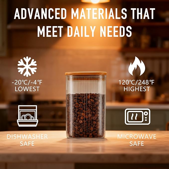 37oz Airtight Glass Square Storage Canisters with Bamboo Lids Set of 6 (1100ml) Striped Stackable Containers, Decorative Kitchen Jars for Tea, Nuts and Coffee (?럚ith Black Lable)