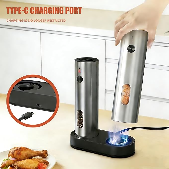 Electric Salt and Pepper Grinder Set, Rechargeable Stainless Steel with USB-C Dual Charging Base, Upgraded Large Capacity, Adjustable Coarseness & Bright LED Light, Kitchen Essentials