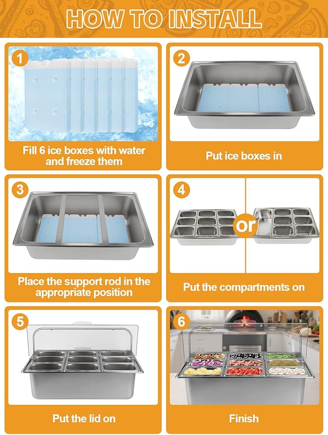 Lanstics 2PCS Pizza Topping Station 10 Pans Stainless Steel Spice Organizer Salad Bar Buffet Station with Spoons Ice Boxes Buffet Containers Set for Sauce Jam Ingredient Kitchen Restaurant Pantry